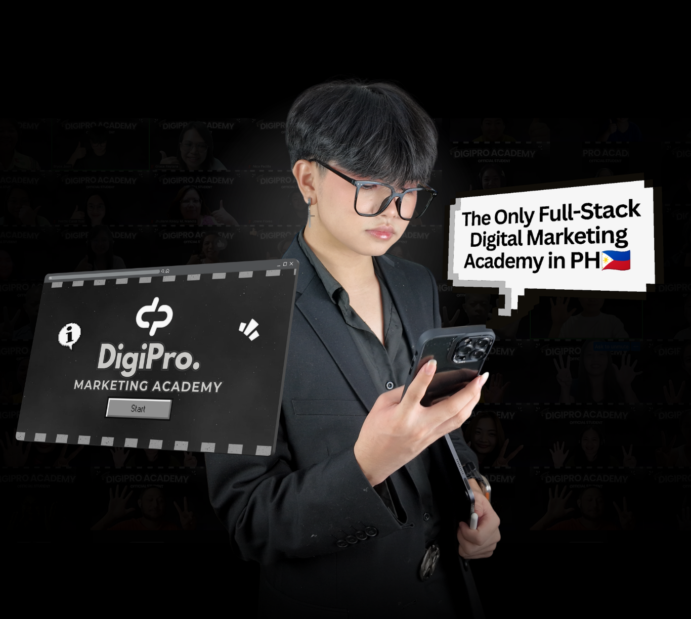 Bryce of Digipro Marketing Academy with a background of trained students